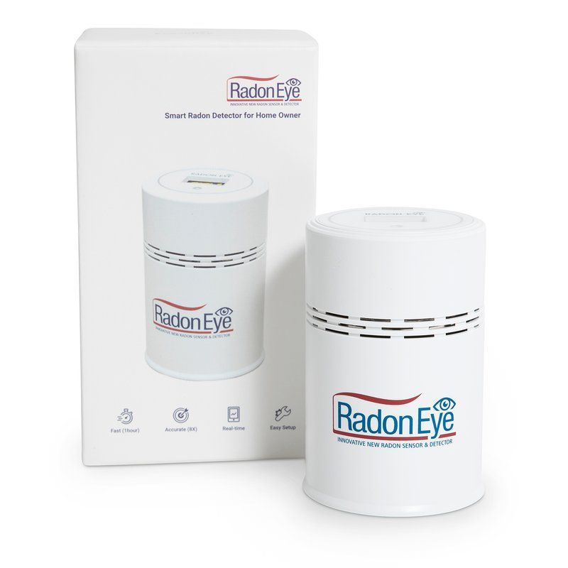 The Ecosense RadonEye radon monitor, a white cylinder, beside its box.