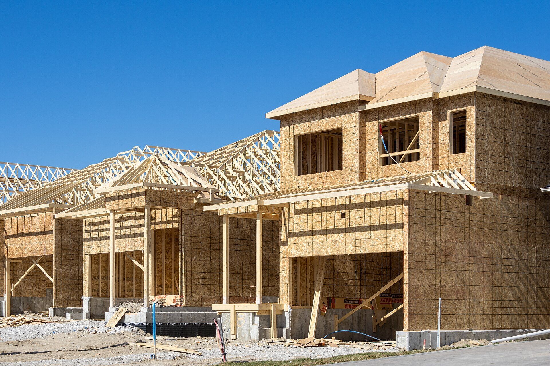 New houses being framed on a suburban street in Bowmanville, Ontario.