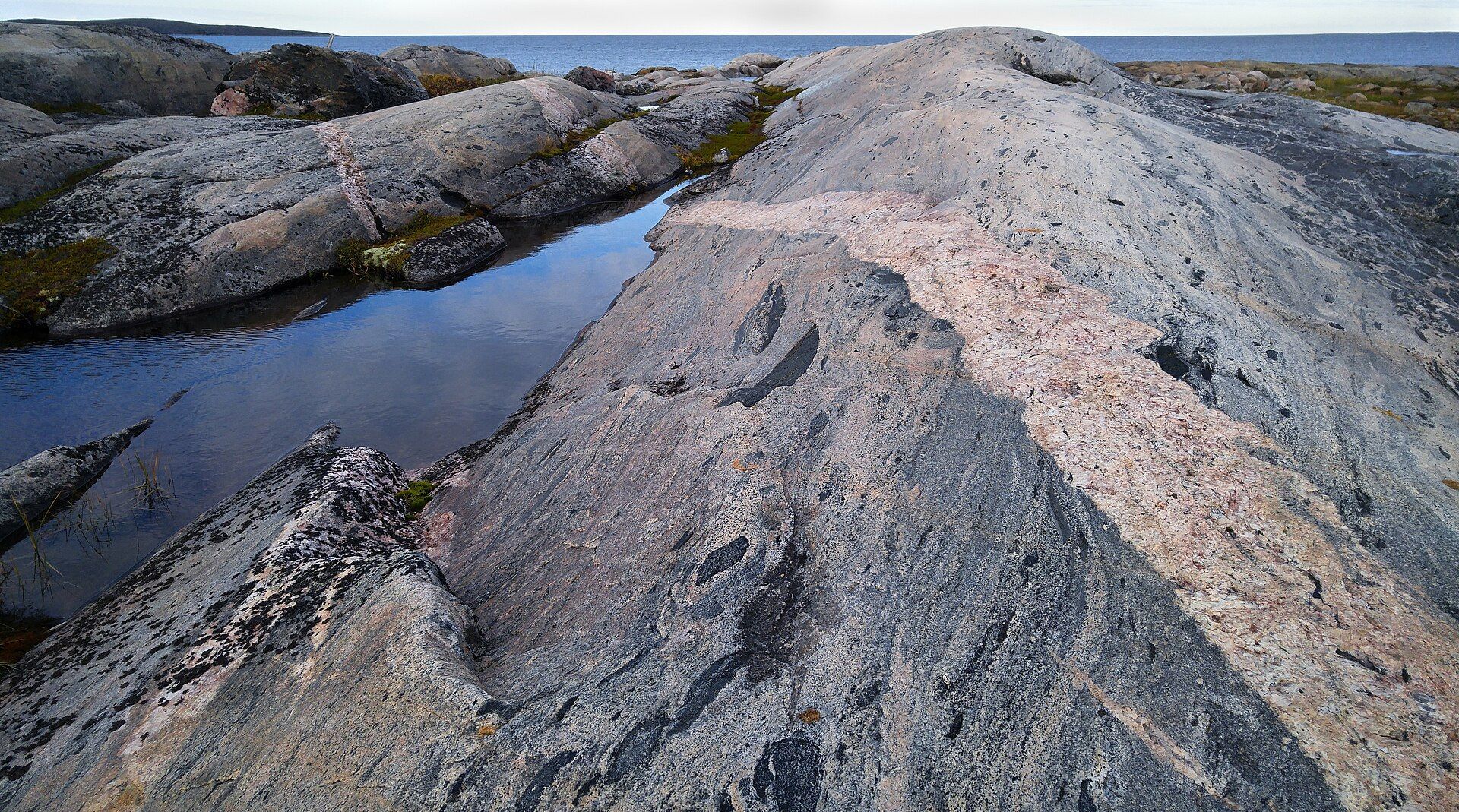 Pink granite bedrock of the Canadian Shield on the shore of James Bay, Quebec.