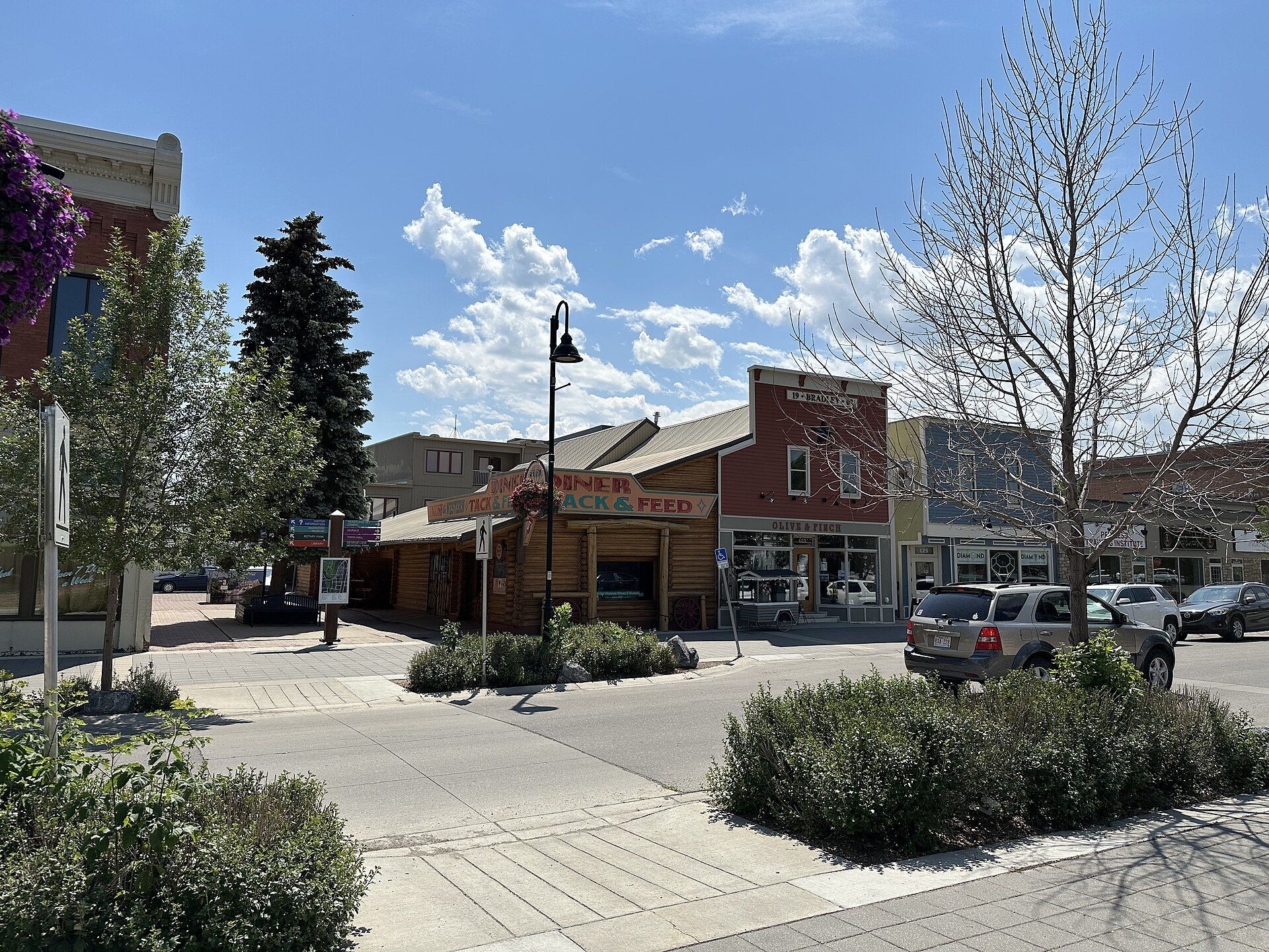 A street and plaza in High River, Alberta.
