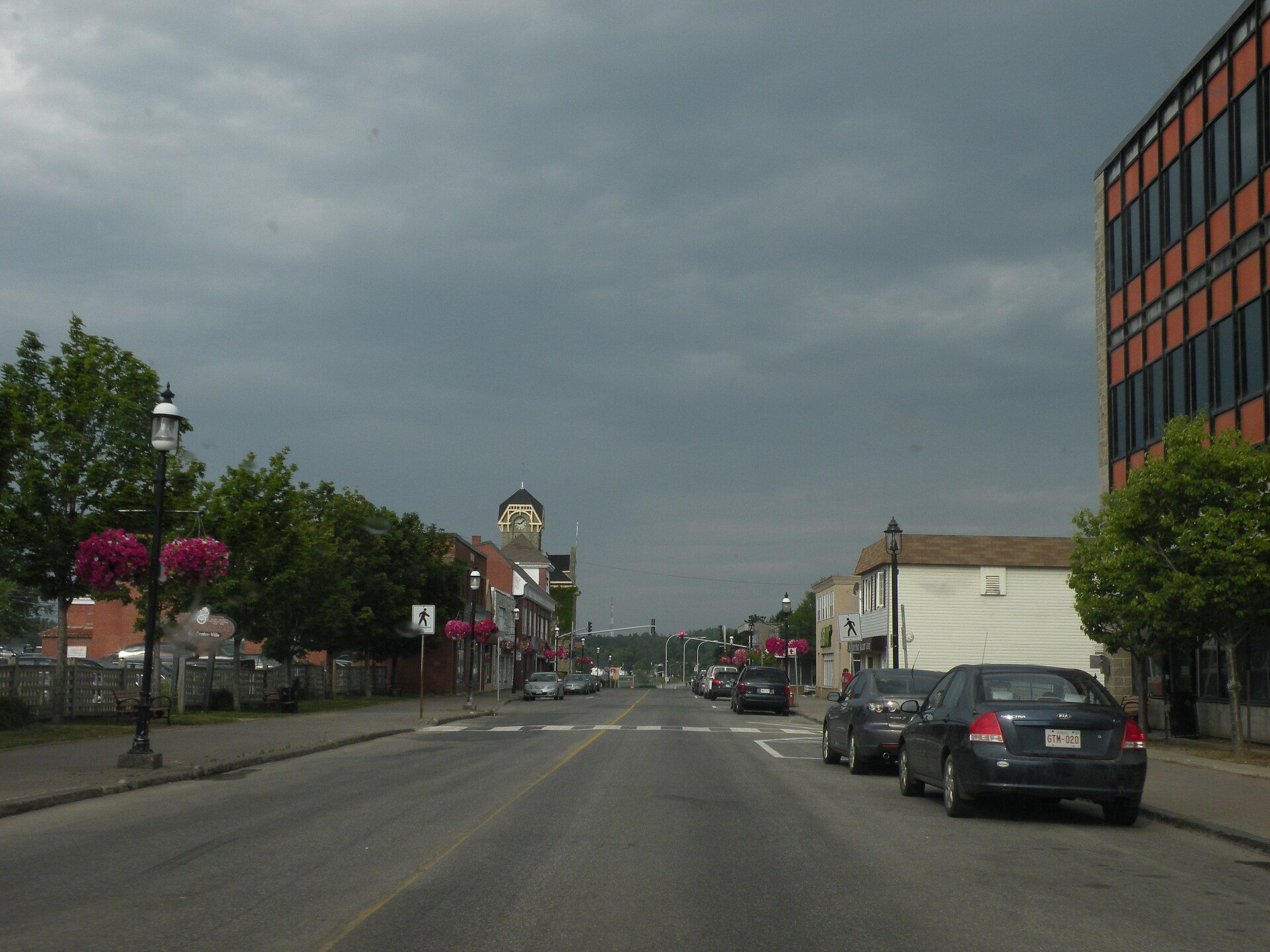 Main Street in Bathurst, New Brunswick, on a cloudy day.