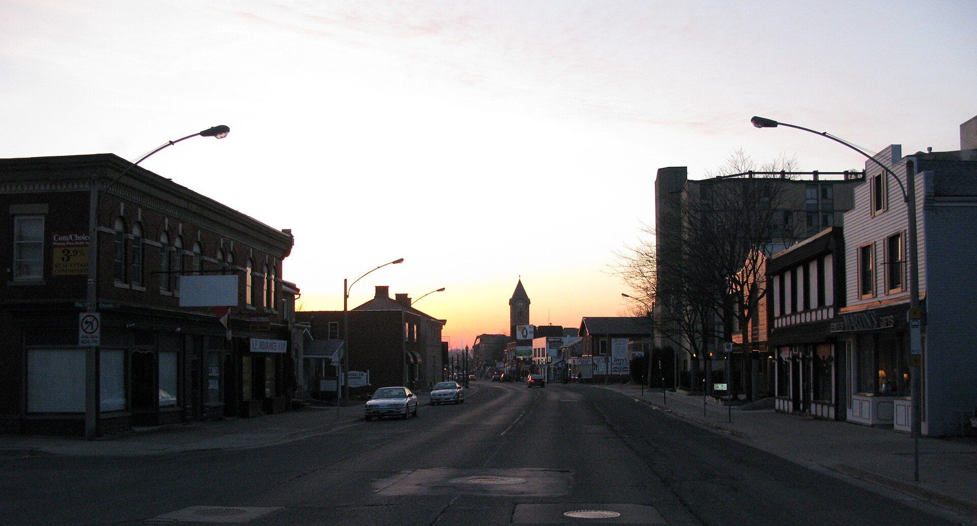 King Street West in Dundas, part of Hamilton, Ontario, at dusk.