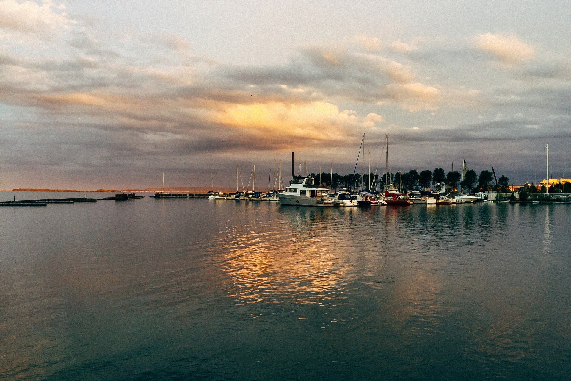 Boats in the marina at Thunder Bay, Ontario, at sunset.