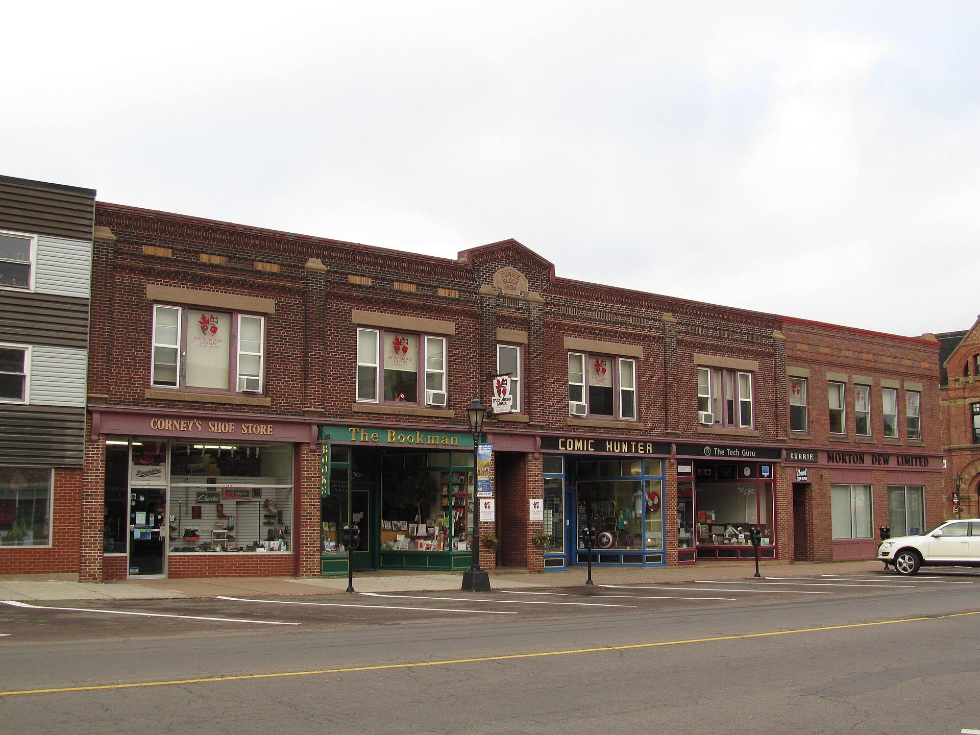 Brick shops along Queen Street in downtown Charlottetown, Prince Edward Island.