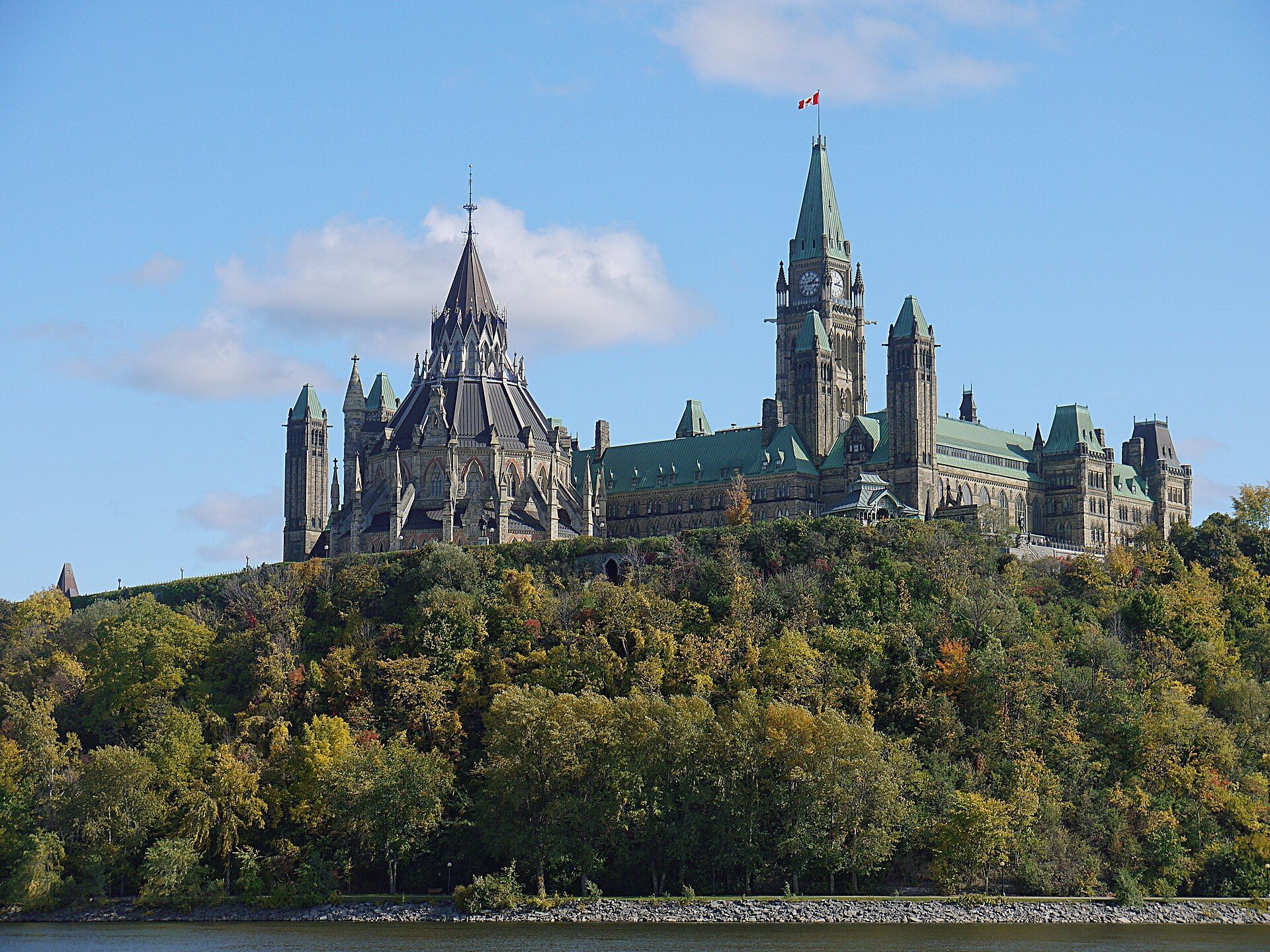Parliament Hill in Ottawa seen across the Ottawa River.